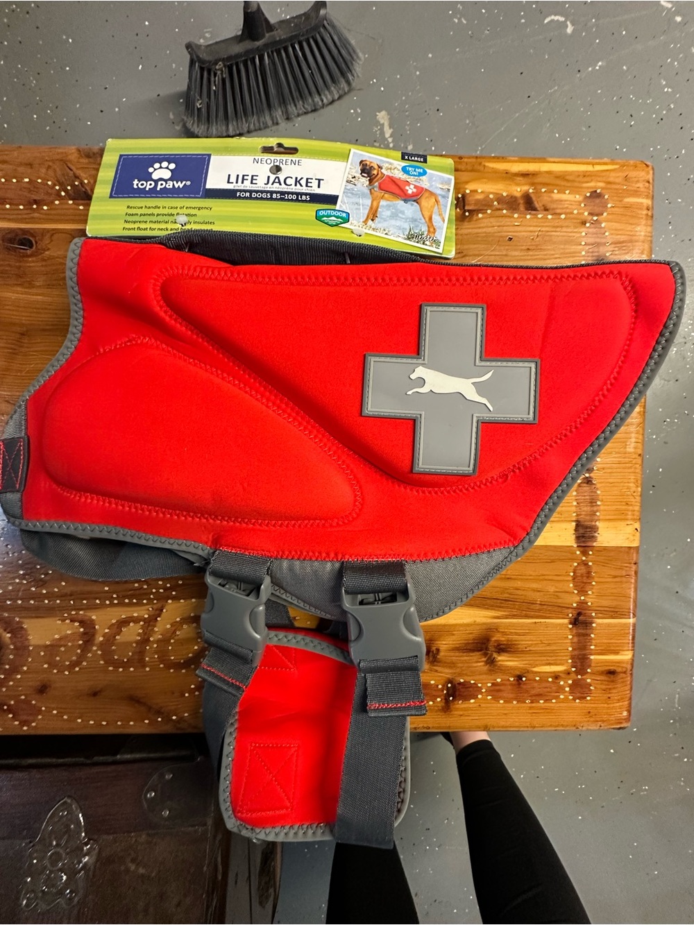 Top Paw Red Neoprene Dog Life Jacket with Gray Trim and Reflective Cross